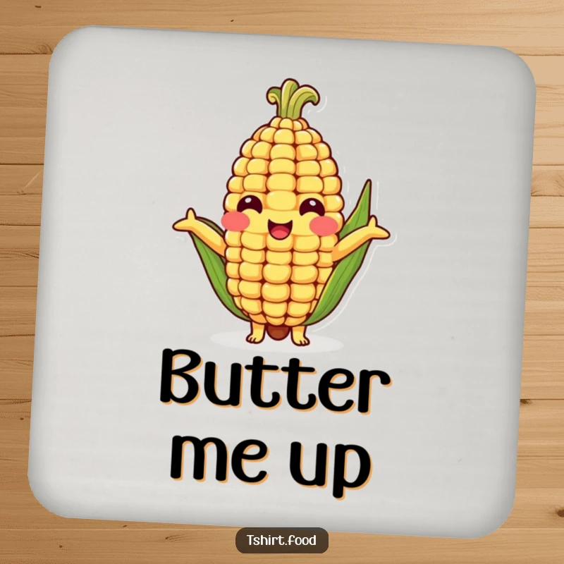 Funny drink coaster depicting a cheerful corn cob character offering a humorous hug, protecting surfaces from condensation.