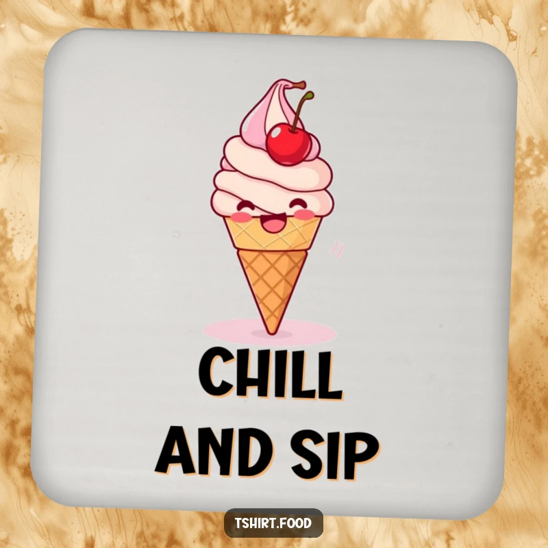 Funny Coaster: A delighted ice cream cone spins playfully with its cherry wobbling, protecting your surfaces with sweet joy.