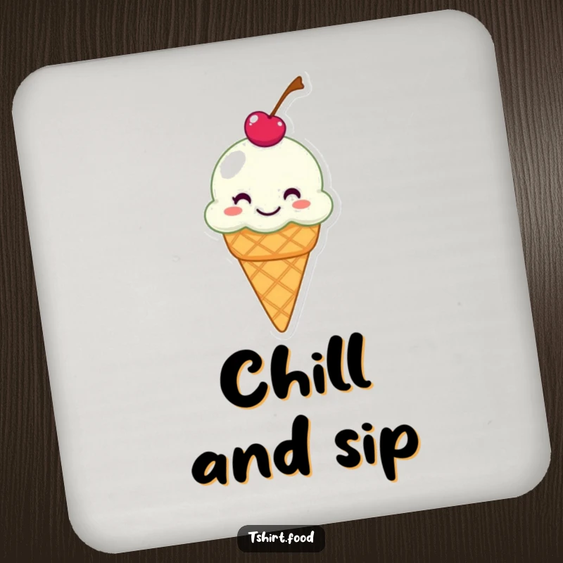 Funny drink coaster with a grinning ice cream cone with a cherry on top, humorously sliding, perfect for surface protection.