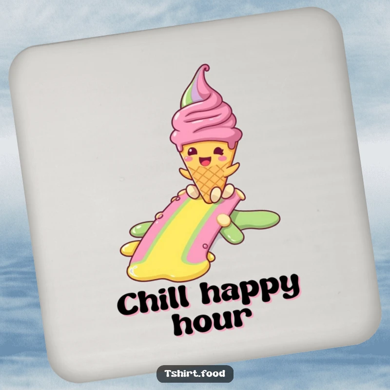 Funny coaster set showing a smiling ice cream cone character sliding down a rainbow, protecting tables with sweet, cheerful dessert art.