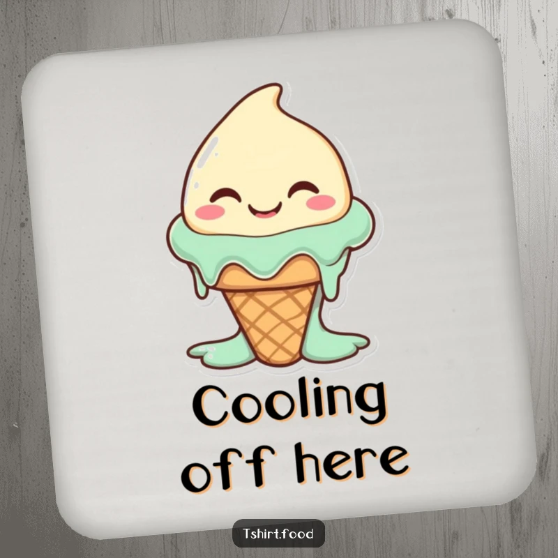Funny happy ice cream cone character melting slightly with a wide, silly smile, on coasters. Protects tables with sweetness.