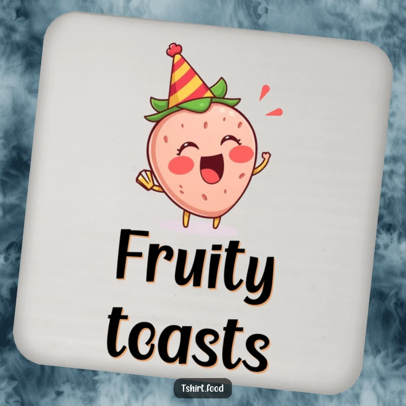 Funny Strawberry Party Coaster: An excited strawberry in a party hat blowing a horn, a fun home accessory.