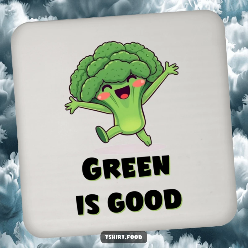 Funny Broccoli Coaster: A joyful broccoli character doing a cartwheel with arms wide, adding a fun and protective element to any tabletop.
