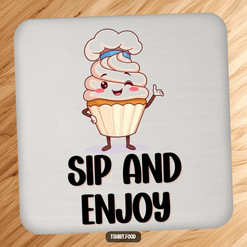 Funny Cupcake Chef Drink Coaster showing a proud cupcake in a chef hat striking a humorous pose, a sweet and funny addition to any table.