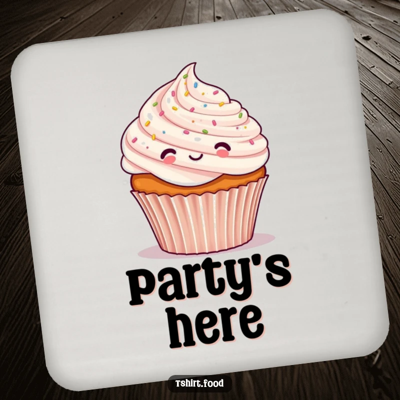 Funny drink coaster featuring a cheerful cupcake character covered in tiny confetti, protecting surfaces with festive humor.