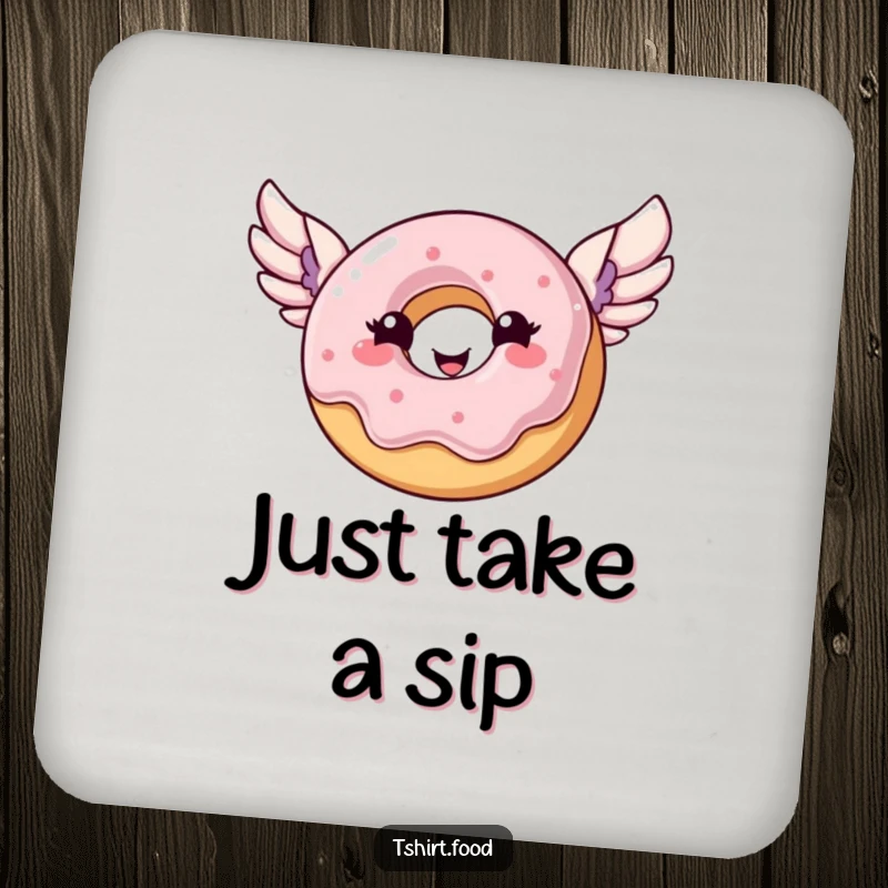 Funny donut drink coaster showing a happy donut with wings soaring, adding a festive touch.