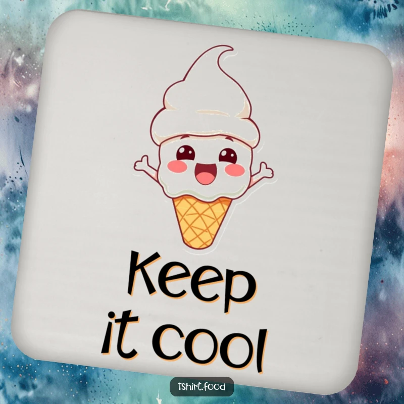 Funny Drink Coaster with an excited ice cream cone character wearing a cone hat, adding a touch of sweet art.