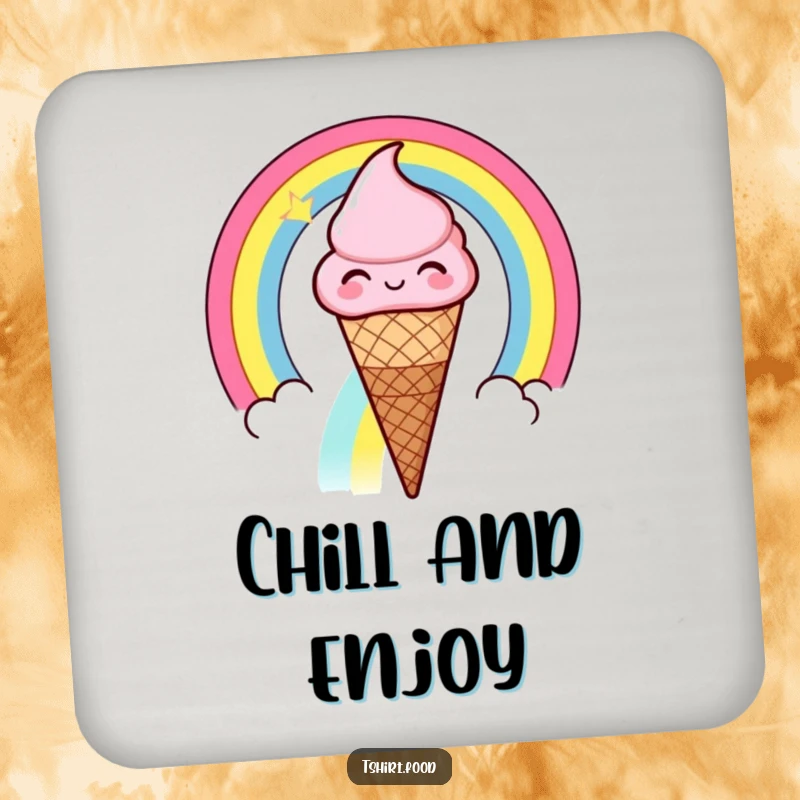 Funny winking ice cream cone sliding down a rainbow coaster, a happy ice cream cone winking while sliding down a vibrant rainbow.