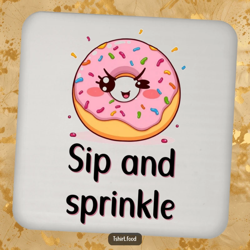 Funny drink coasters depicting a kawaii donut throwing colorful sprinkles with a mischievous wink, adding sweet charm to tables.