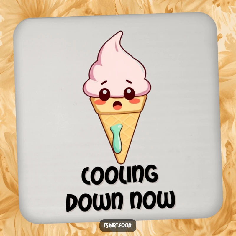 Funny drink coaster featuring a surprised ice cream cone character melting slightly, protecting surfaces with humorous appeal.