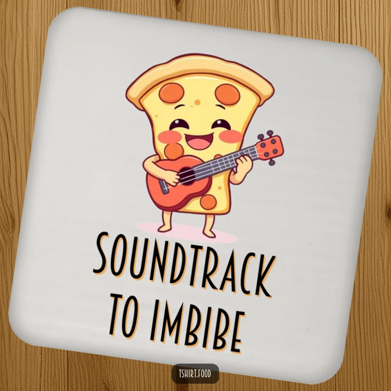 Funny coaster with a laughing pizza slice playing a tiny ukulele, adding musical charm and protecting surfaces. A funny gift.