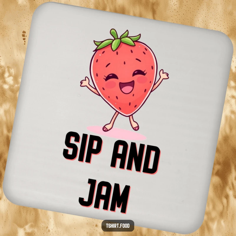 Funny Coaster: A giggling strawberry doing a silly dance, protecting surfaces with playful charm.