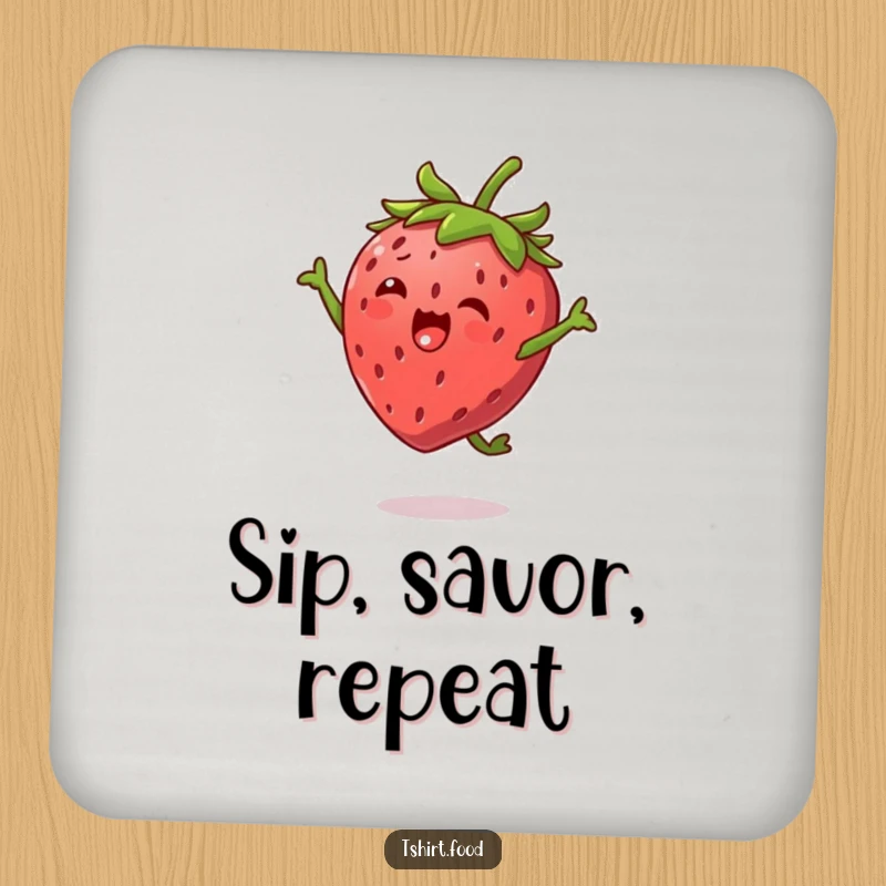 Funny Strawberry Jump Coaster set depicting a happy strawberry character with tiny leaf arms, performing an energetic high jump, ideal for humorous table protection.