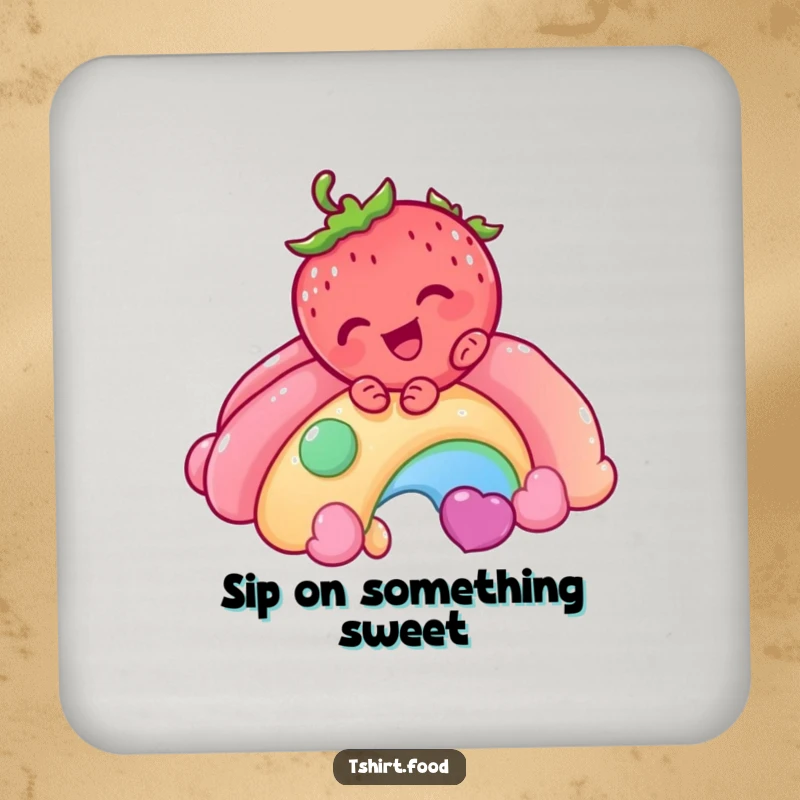 Funny Strawberry Rainbow Drink Coaster showing a giggling strawberry character sliding down a candy rainbow, a sweet and humorous addition to any table.