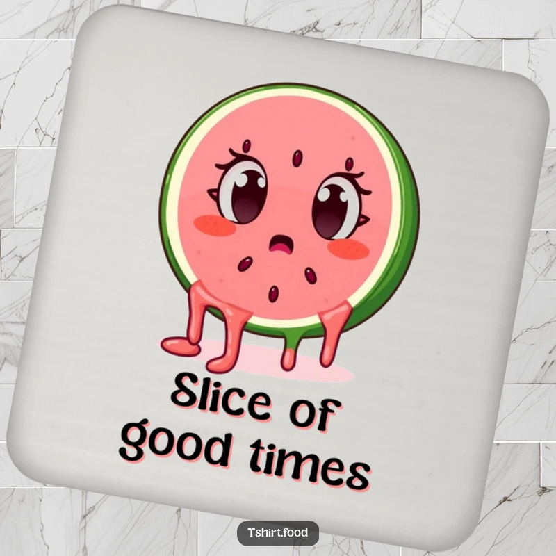 Funny surprised watermelon slice character with dripping seeds, eyes wide, on coasters. Protects tables with humor.