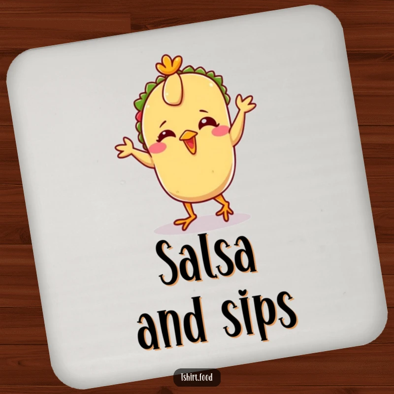 Funny Taco Chicken Dance Coaster set featuring a giggling taco with tiny feet performing the chicken dance, ideal for humorous table protection.