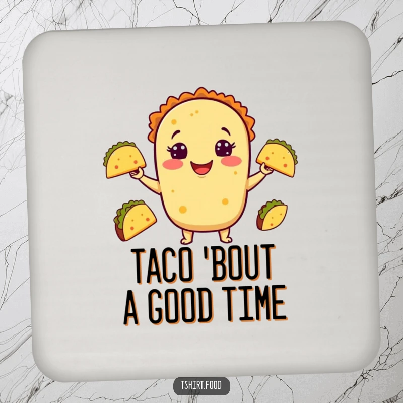 Funny Taco Juggling Drink Coaster showcasing a smiling taco tossing small tacos, a humorous and practical addition to any coffee table or bar.