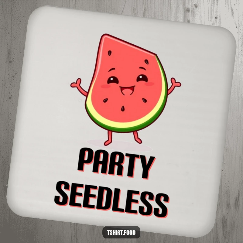 Funny drink coaster featuring a slice of watermelon dancing with a silly grin, adding a humorous touch to drinks.