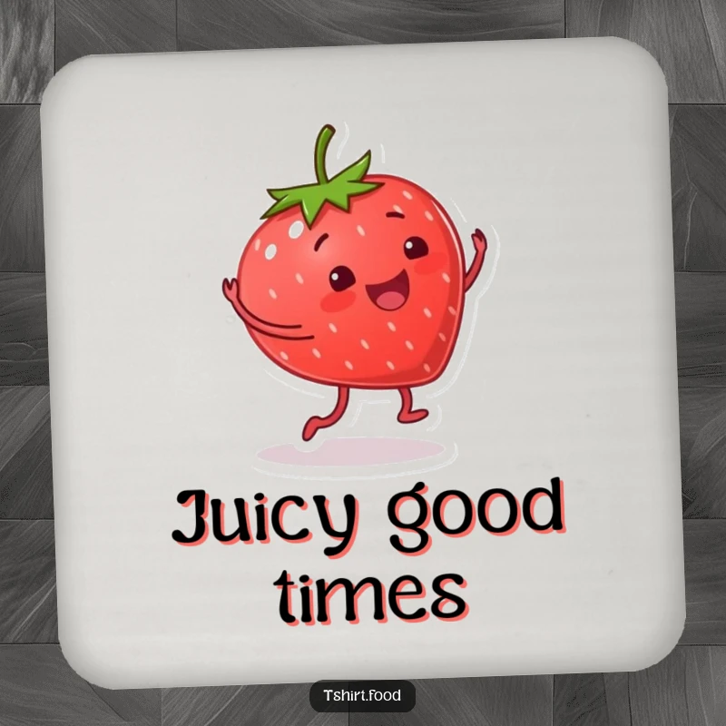 Funny drink coaster with a smiling strawberry character doing a happy cartwheel, adding a vibrant and protective touch to surfaces.
