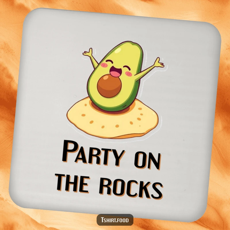 Funny avocado drink coasters featuring a laughing character doing a somersault on a tortilla, perfect for food lovers.