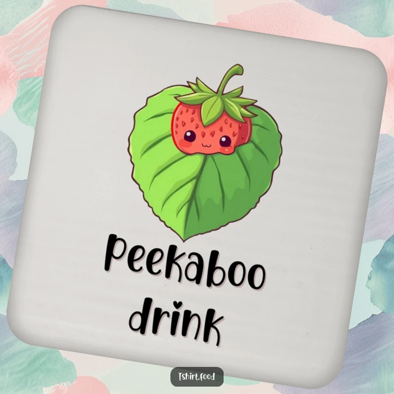 Funny drink coaster featuring a shy strawberry peeking from behind a large leaf, adding a charming touch to drinks.