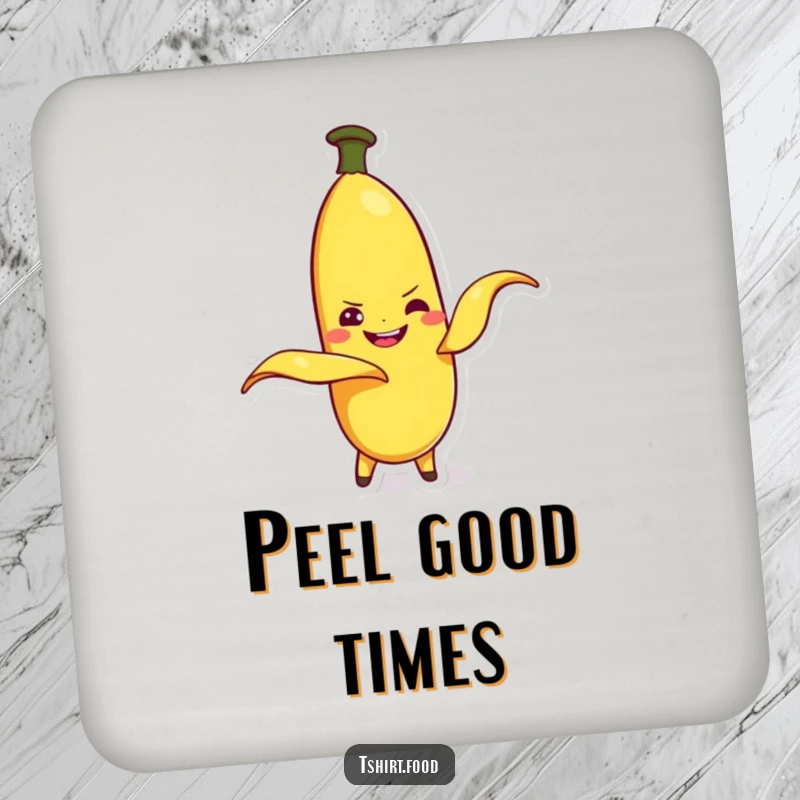 Funny banana character peeling itself with a mischievous grin, on coasters. Protects tables with humor.
