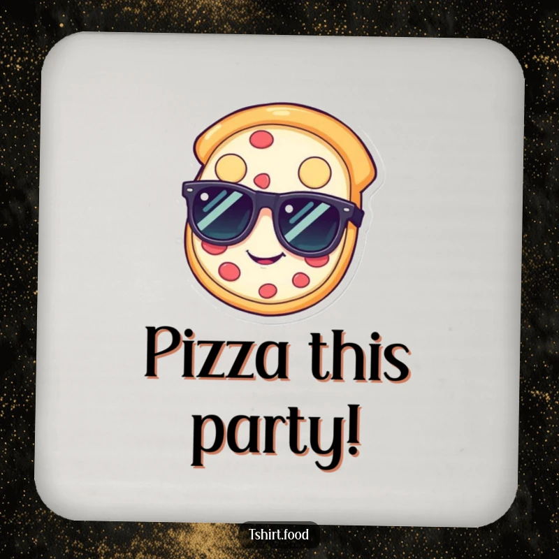 Funny pizza coaster with a happy slice wearing sunglasses, perfect funny gift.