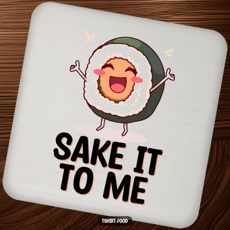 Funny Coaster: A beaming sushi roll with tiny legs dances with a victory dance, protecting your surfaces with foodie fun.