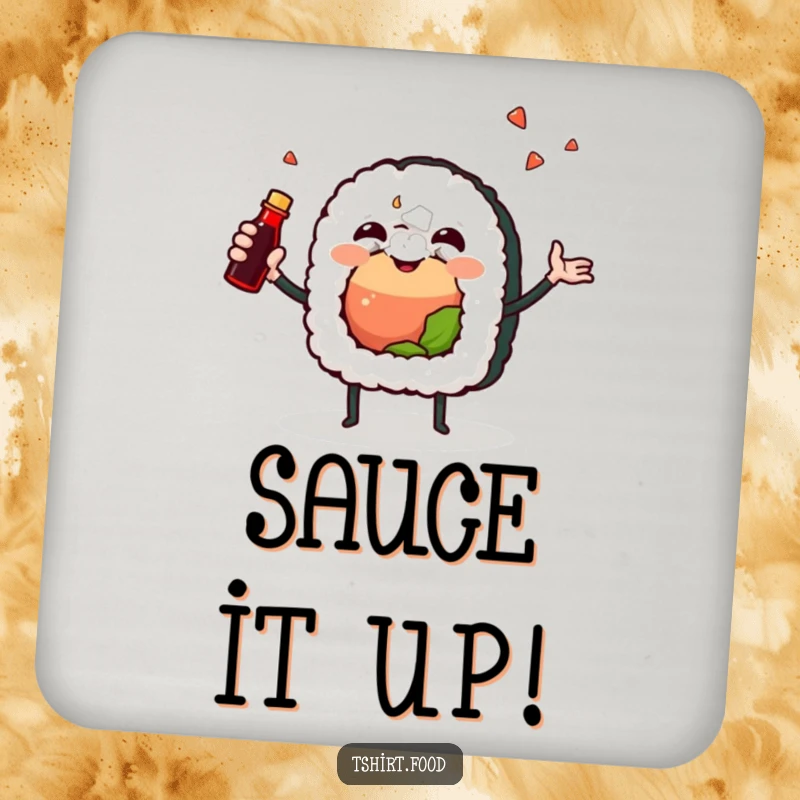 Funny drink coaster with a joyful sushi roll character happily juggling a soy sauce bottle, adding a food-themed and protective touch.