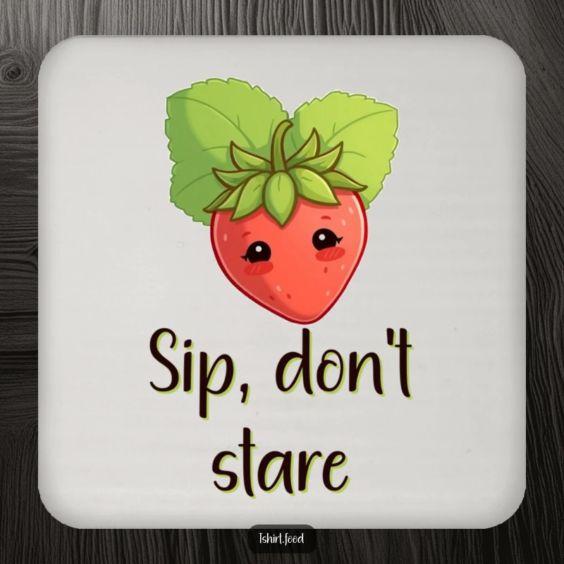 Set of funny shy strawberry coasters, peeking from a leaf, protecting surfaces with adorable humor. Ideal funny gift.