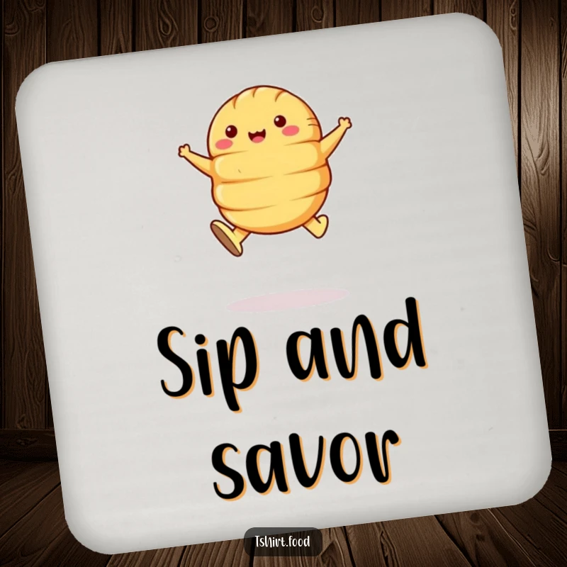 Funny Croissant Leap Coaster: A happy croissant with butter shoes leaps, a fun and functional home accessory.