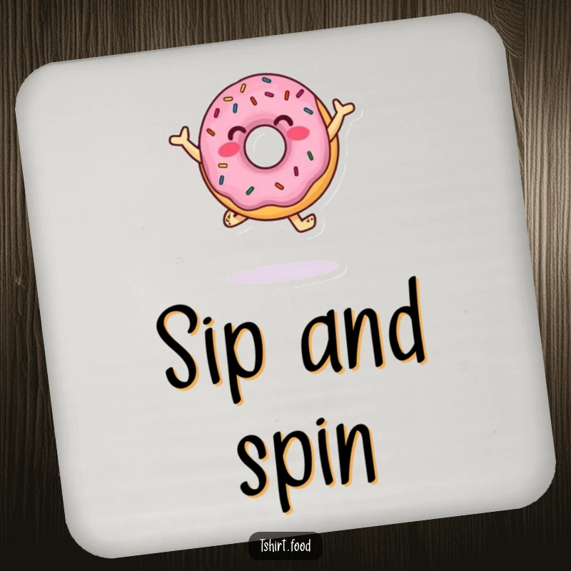 Funny Drink Coaster with a donut character dancing with sprinkles, adding a touch of sweet art to table settings.