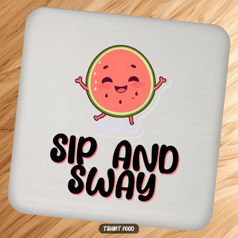 Set of funny dancing watermelon coasters, silly grin, protecting tables with fruity humor. Ideal funny gift.