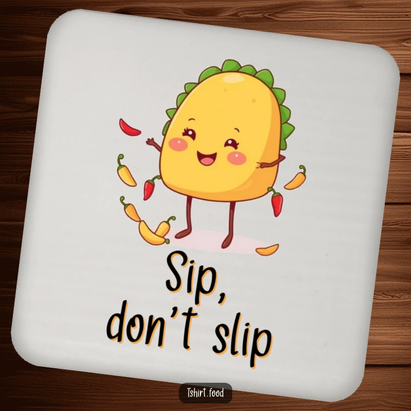Funny taco drink coaster showing a smiling taco with legs juggling small chiles, adding a festive touch.
