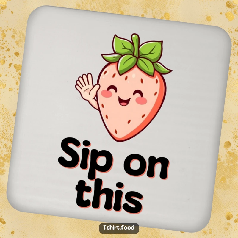 Funny drink coaster featuring a cheerful strawberry character with leafy hair, waving a friendly and humorous hello.