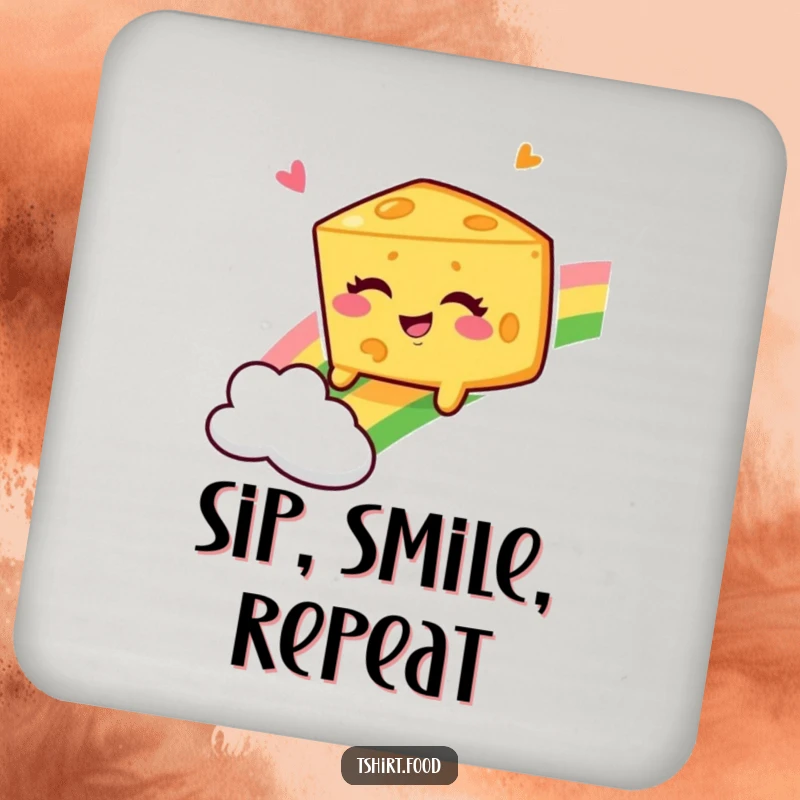 Funny Winking Cheese Wedge Coaster, a playful character sliding down a rainbow, protecting your tabletop with smiles.