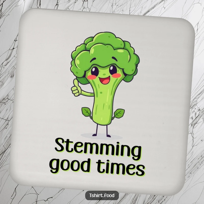 Funny broccoli character giving a thumbs up, balancing on its stem, featured on coasters. Protects surfaces with humor.