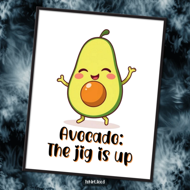 Funny poster art of a winking avocado character joyfully doing a happy jig, bringing vibrant energy and humorous appeal to any room.