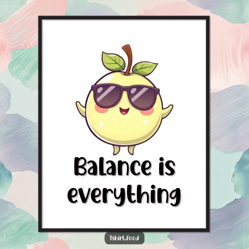 Funny winking plum wearing sunglasses, striking a cool, balanced pose on a vibrant poster, perfect wall decor.