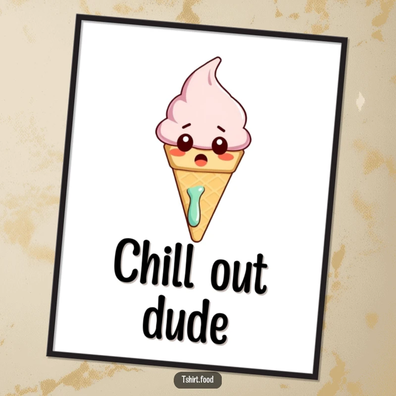 Funny poster featuring a surprised ice cream cone character melting slightly, adding a humorous and sweet touch to any wall.