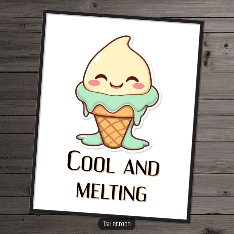 Funny happy ice cream cone character melting slightly with a wide, silly smile, as wall art on a poster. Cheerful decor.