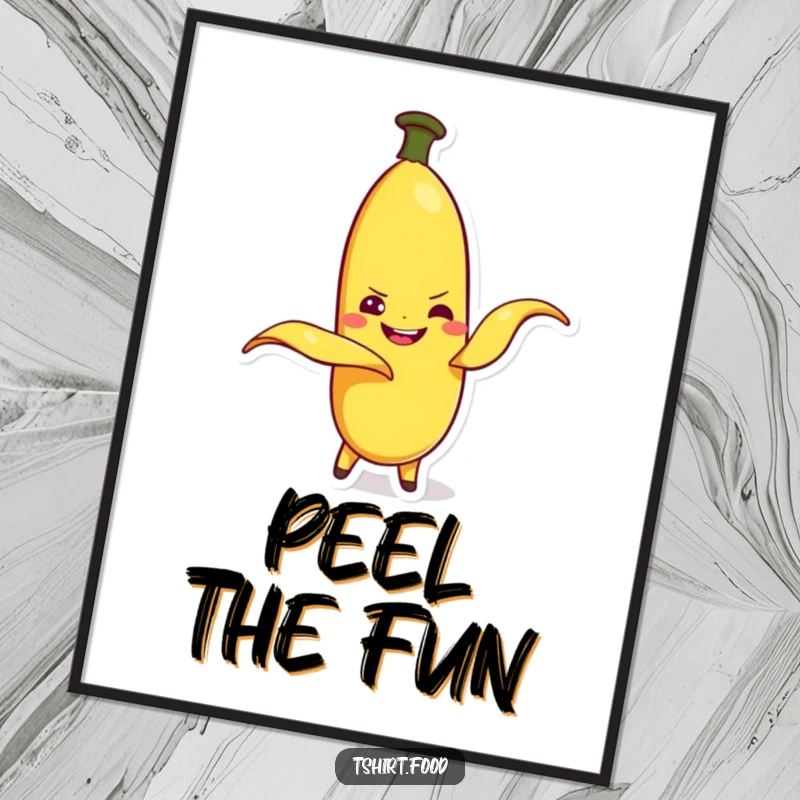 Funny banana character peeling itself with a mischievous grin, as wall art on a poster. Whimsical and vibrant decor.