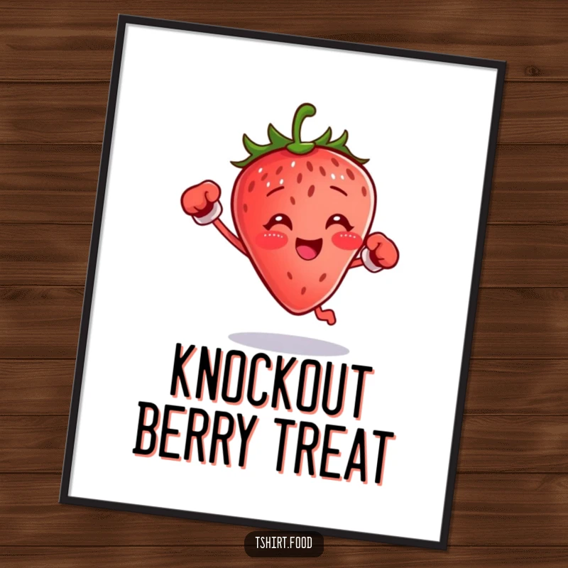 Funny boxing strawberry poster showing a small fruit jumping with gloves, perfect funny gift.