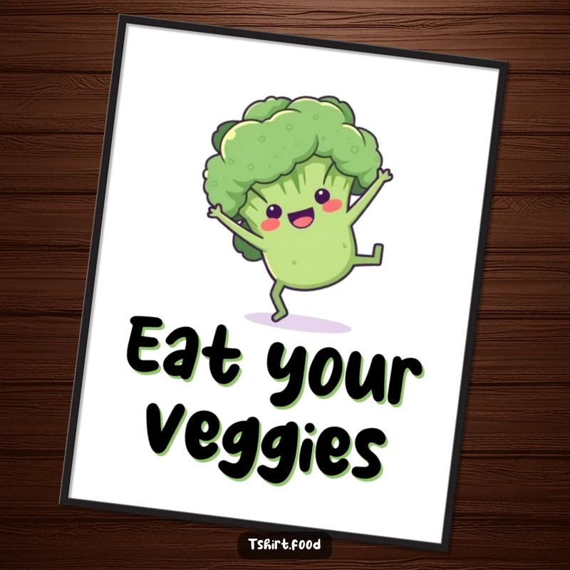 Funny broccoli poster art of a playful floret doing a cartwheel, bringing vibrant, healthy energy to any room.