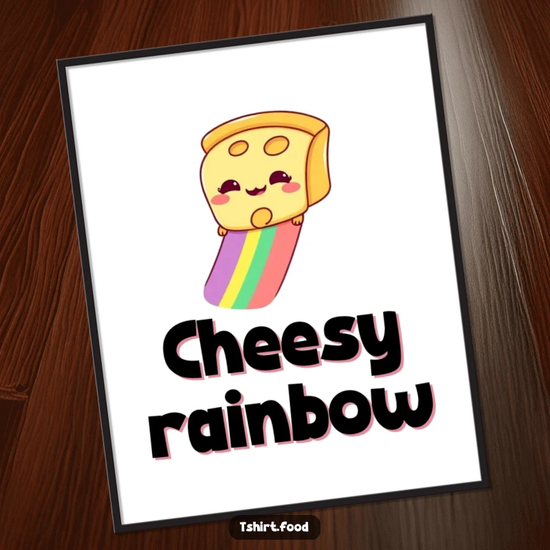 Funny art poster of a giddy slice of cheese gleefully sliding down a colorful rainbow, radiating pure cheesy delight.