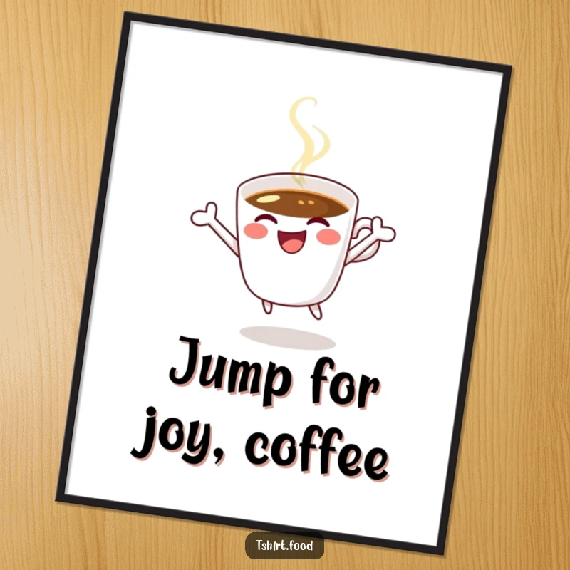 Funny coffee poster illustrating a jubilant coffee cup winking and jumping for joy, full of energetic spirit.