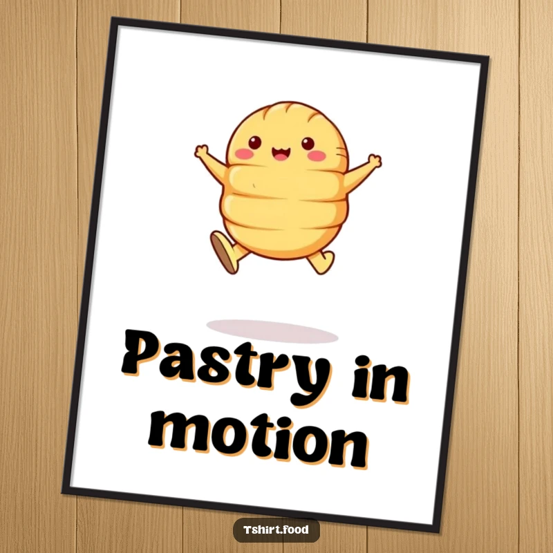 Funny Croissant Leap Poster: A happy croissant with butter shoes jumps joyfully, vibrant food-themed wall art.