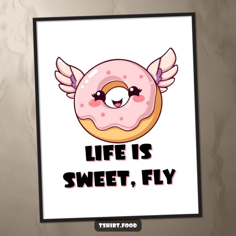 Funny donut poster illustrating a jubilant donut with wings joyfully soaring through the air, full of sweet motion.