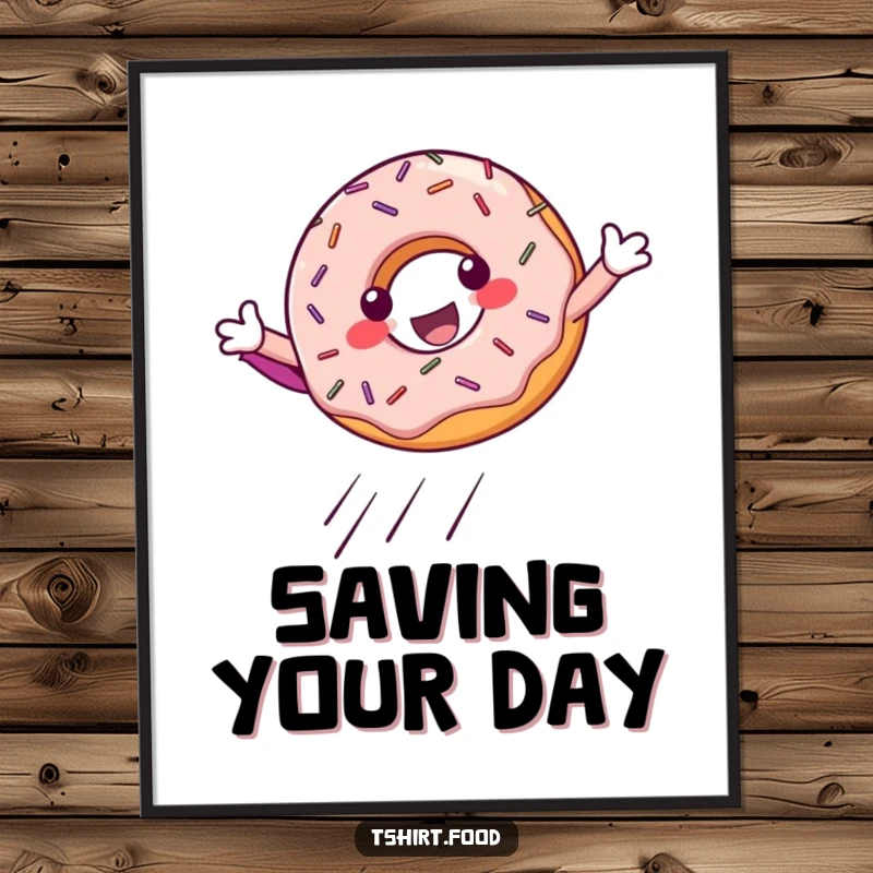 Funny Poster: A whimsical depiction of a sprinkle-covered donut making a dramatic superhero landing, full of energy.