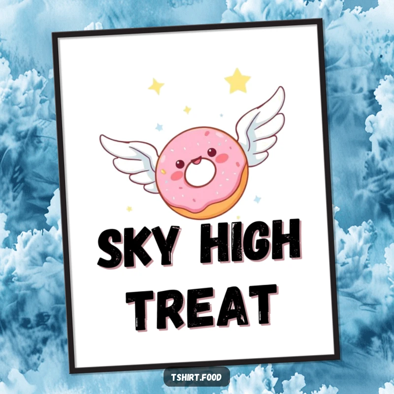 Funny poster art of a donut with wings joyfully ascending through a vast, beautiful starlit sky, symbolizing sweet freedom and wonder.